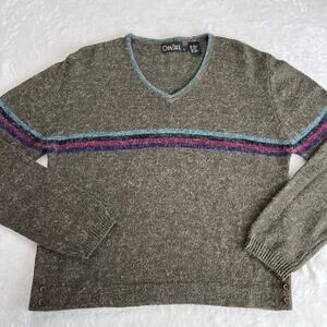 Denial Y2K Vintage V-Neck Green Stripe Sweater Silk Blend Women's size Large